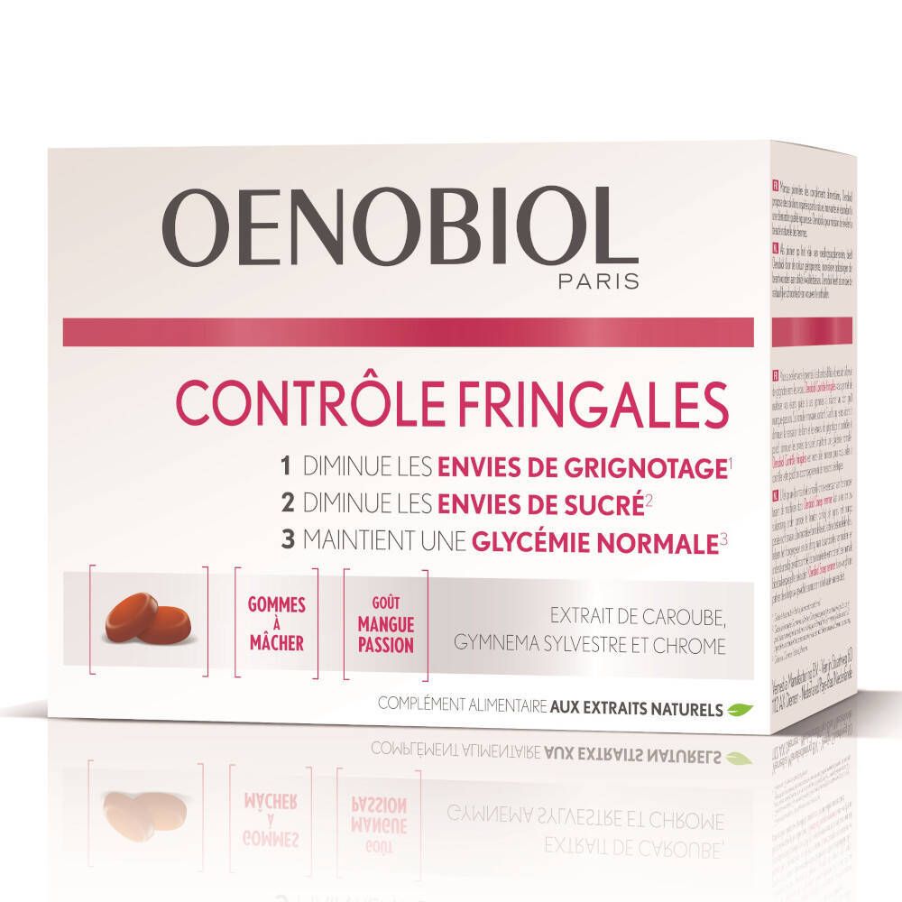 Boîte OENOBIOL CONTROL FRINGALES. Contient gommes à mâcher, goût mangue passion. Ingrédients naturels.