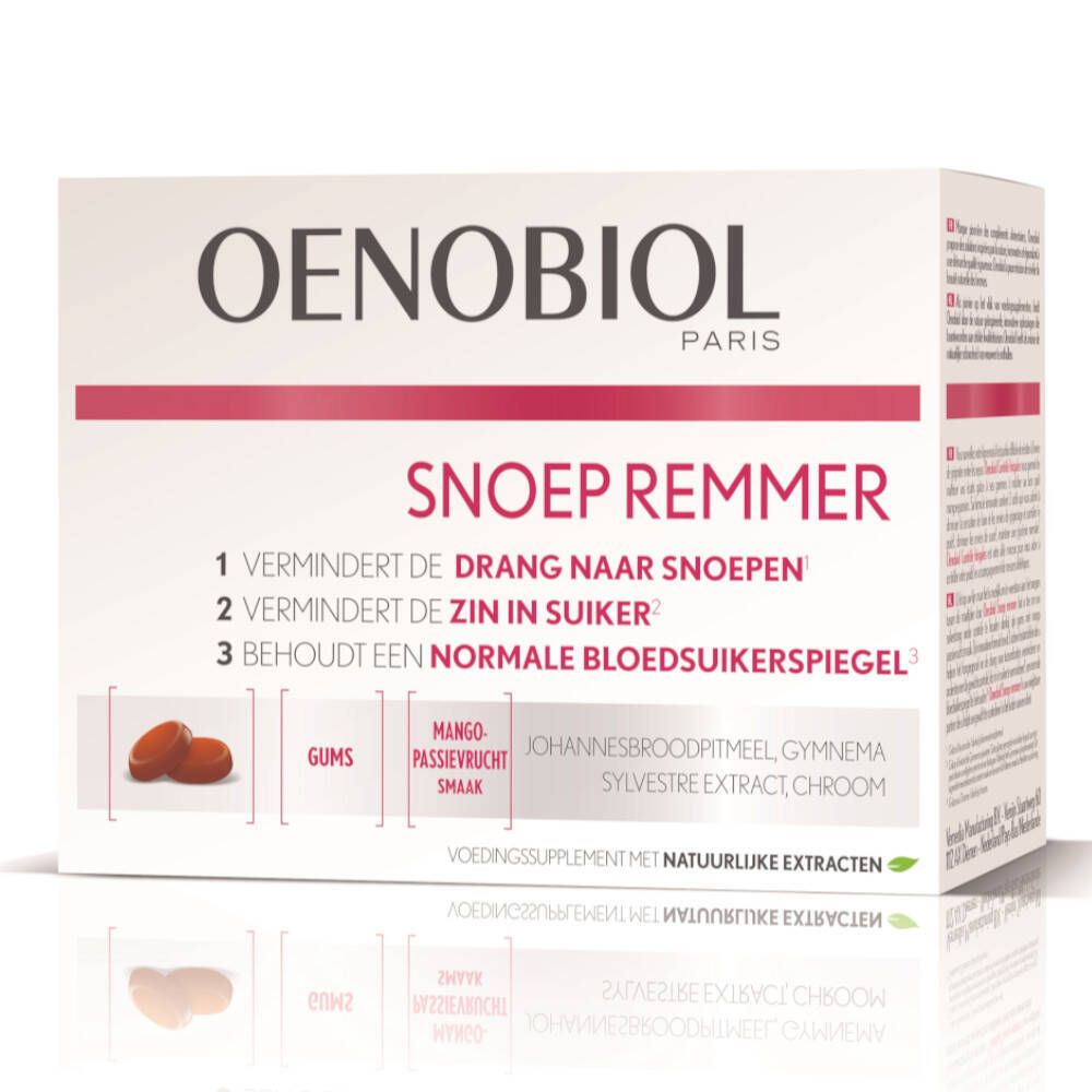 Verpakking OENOBIOL SNOEP REMMER. Bevat kauwgums met mango-passievrucht smaak.