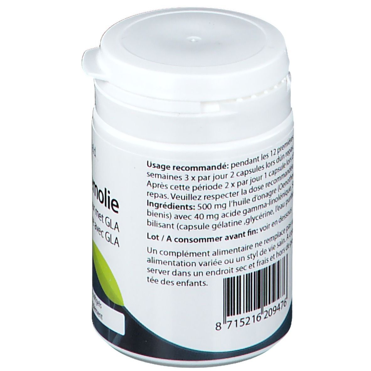 Weißes Kunststoff-Behältnis mit Deckel. Rückseite mit Text und Barcode. Aufschrift: Teunisbloemolie, omega-6 vetzuur met GLA.