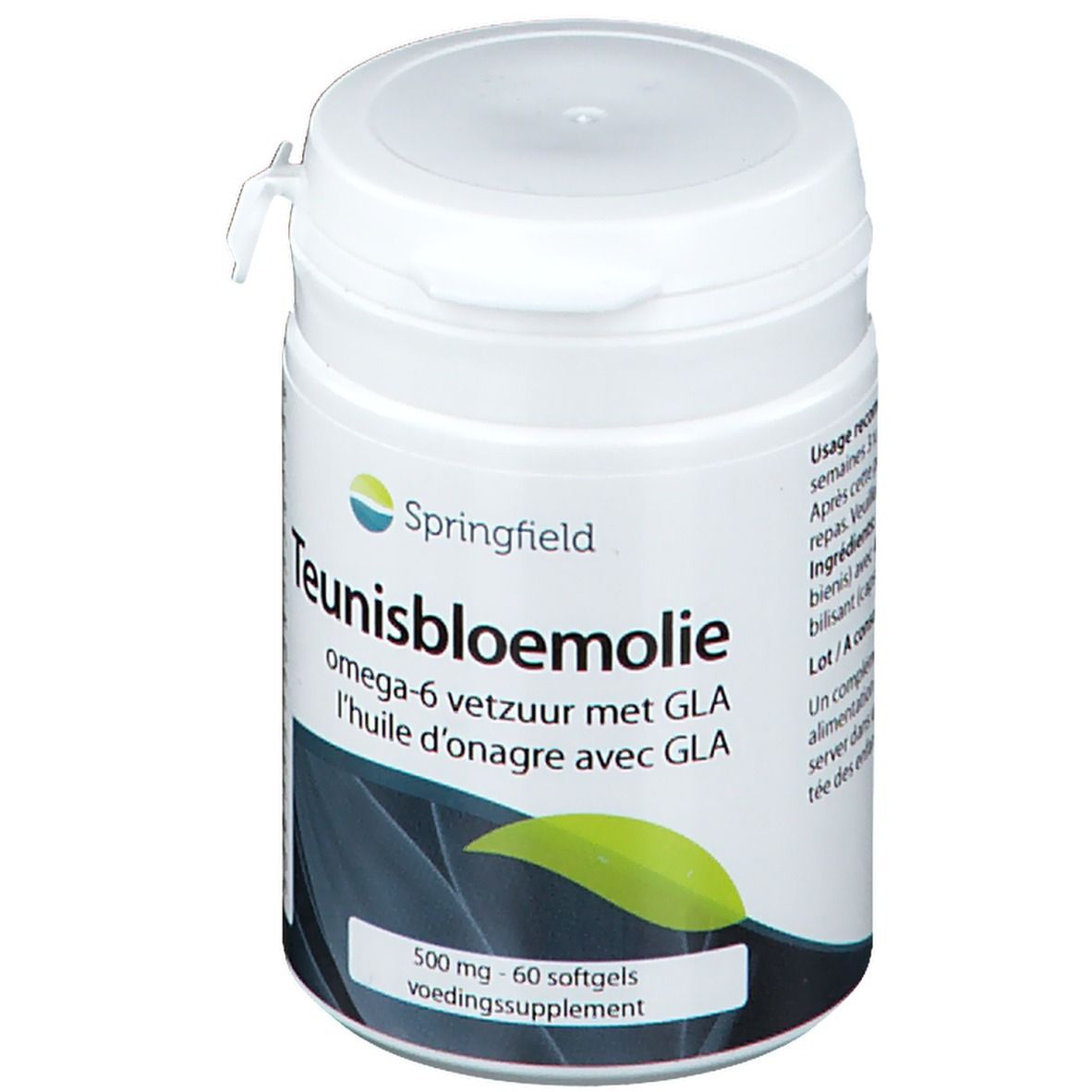 Weißes Kunststoff-Behältnis mit Deckel. Aufschrift: Teunisbloemolie, omega-6 vetzuur met GLA, l'huile d'onagre avec GLA. 60 Softgels.