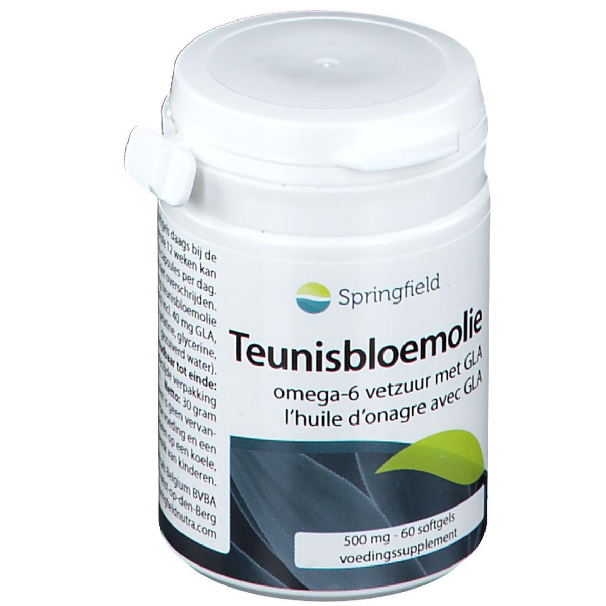 Weißes Kunststoff-Behältnis mit Deckel. Aufschrift: Teunisbloemolie, omega-6 vetzuur met GLA, l'huile d'onagre avec GLA. 60 Softgels.