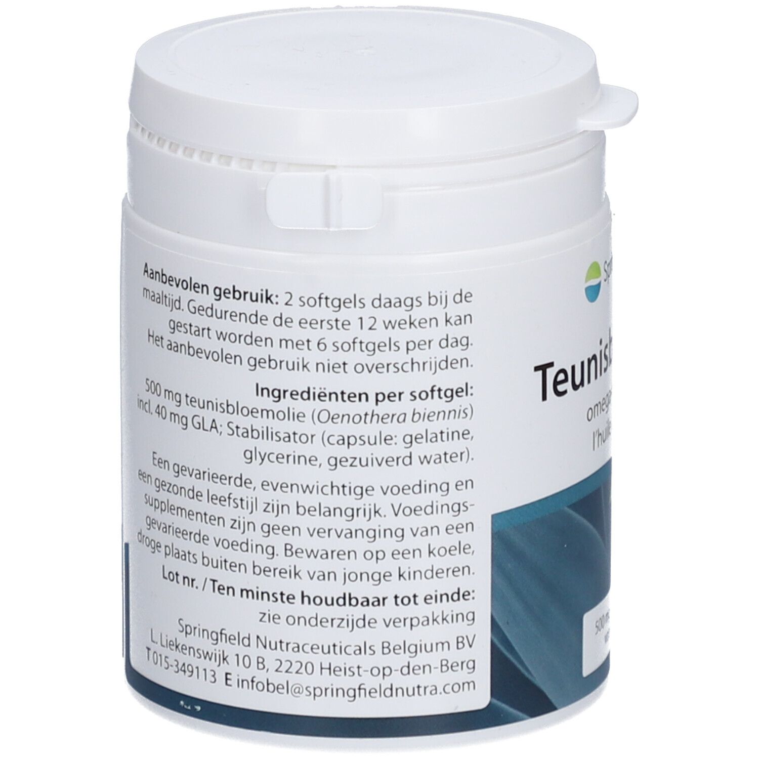 Dos du pot en plastique blanc. Texte : Ingrédients, mode d'emploi, Springfield Nutracueticals Belgium BV.