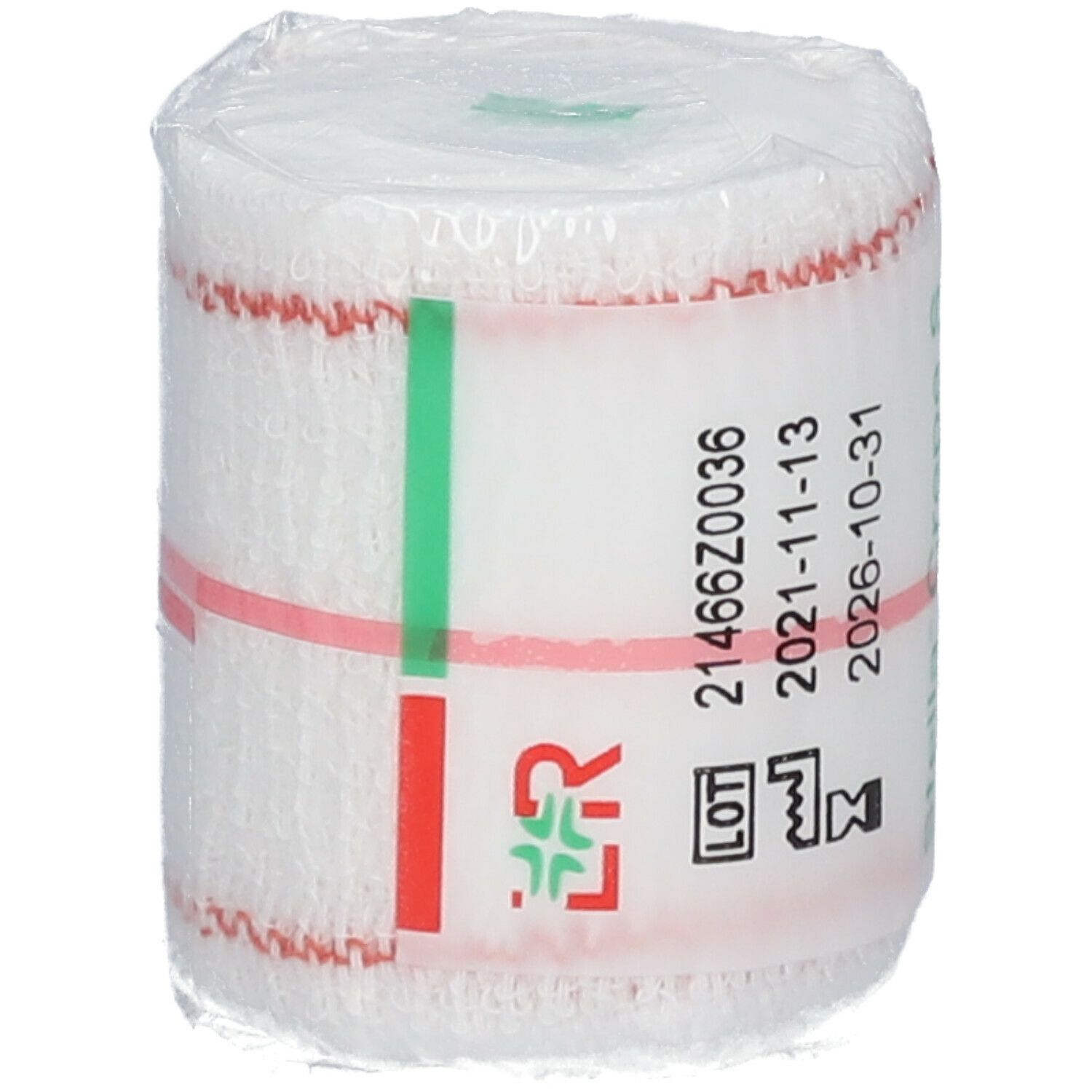 Witte elastische crêpe zwachtel, verpakt. Opschriften met lotnummer en vervaldatum.