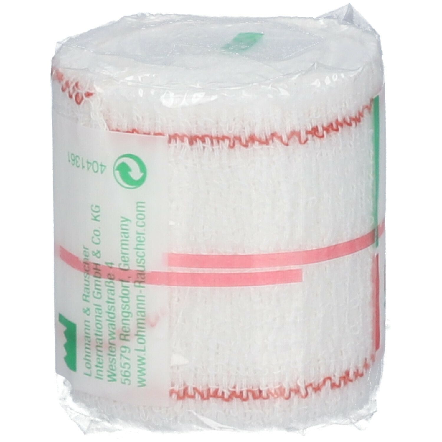 Witte elastische crêpe zwachtel, verpakt. Fabrikantinformatie en recyclagesymbool.