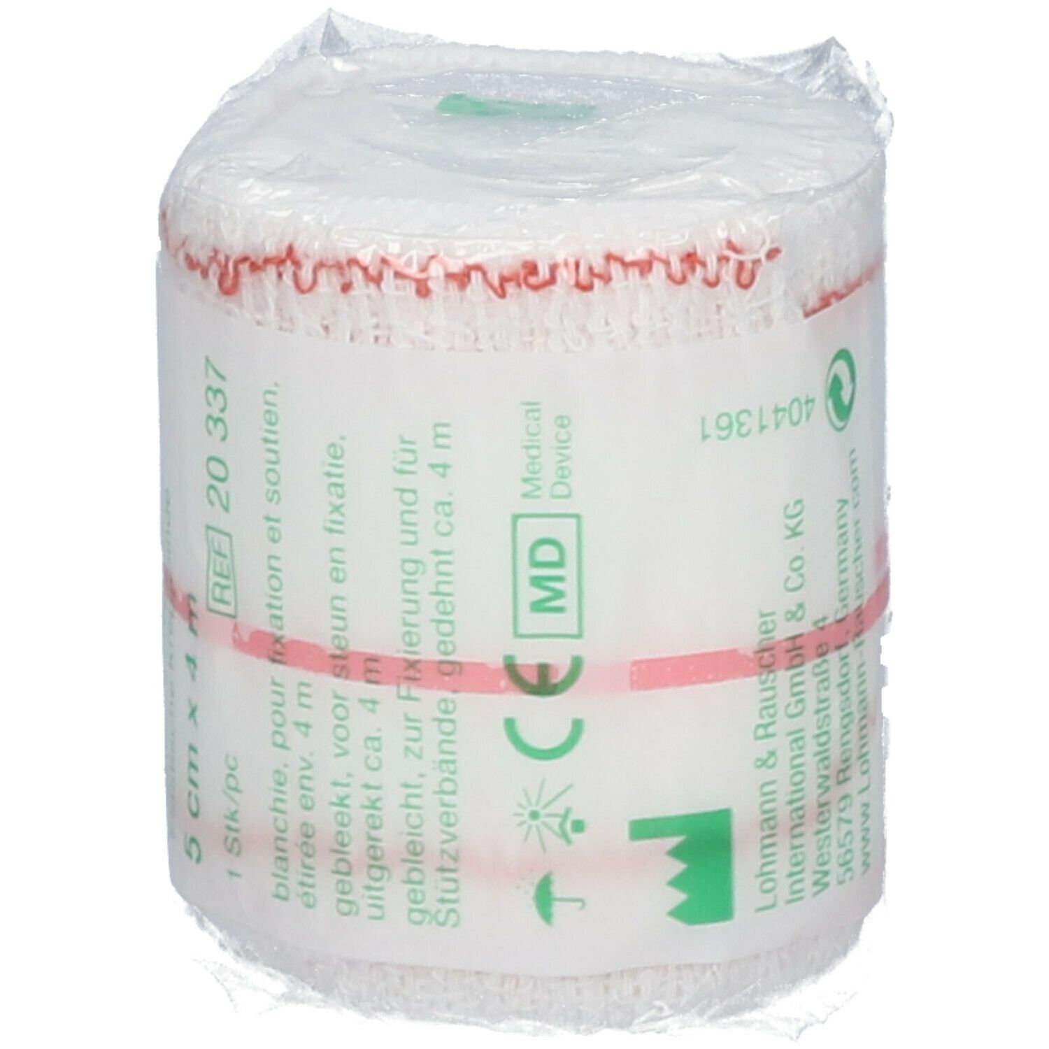 Witte elastische crêpe zwachtel, verpakt. Opschrift: 5 cm x 4 m, REF 20 337, MD, CE-markering.