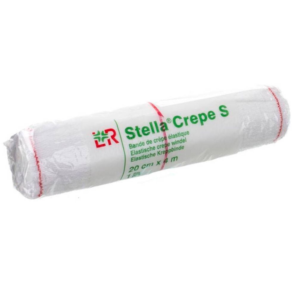 Bande de crêpe élastique blanche, roulée dans un film. Impression : Stella Crêpe S, 20 cm x 4 m.