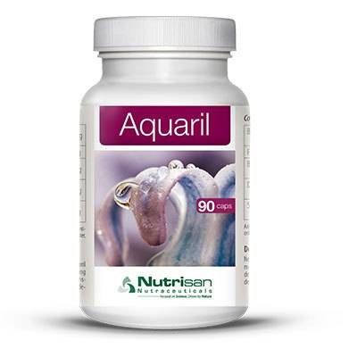 Witte pillenfles met schroefdop. Etiket met productnaam Aquaril, 90 capsules en Nutrisan-logo.
