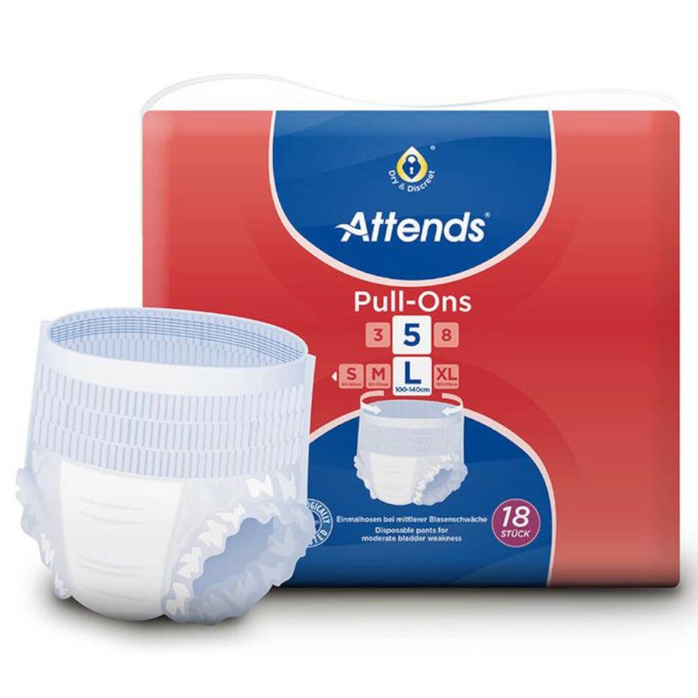 Attends Pull-Ons 5 Large. Weiße Inkontinenzhose neben roter Verpackung. Verpackung mit Produktabbildung, Größenangaben und Logo.