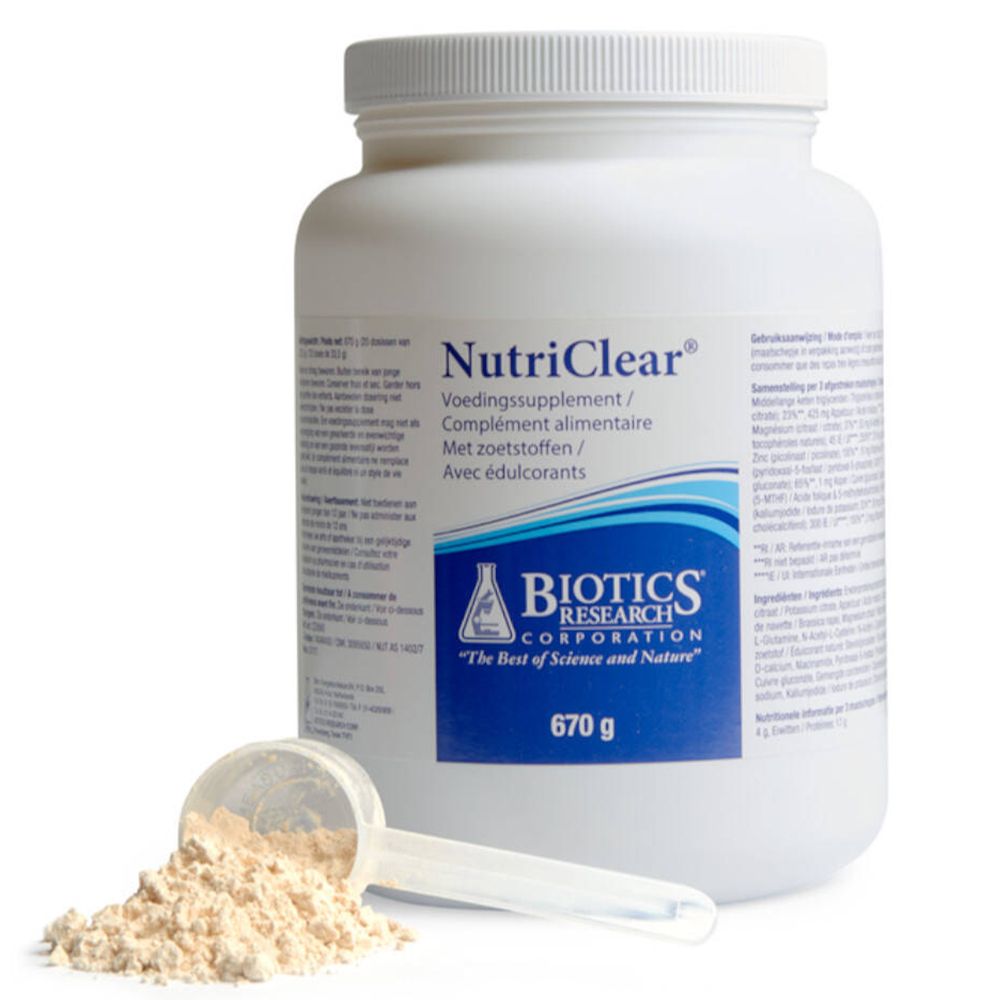 Witte pot met blauw etiket en lepel met poeder. Opschrift: NutriClear, Biotics Research, 670 g.