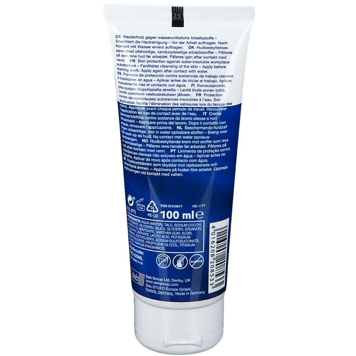 Rückseite der Tube Travabon Classic. Text in mehreren Sprachen. Enthält 100 ml.