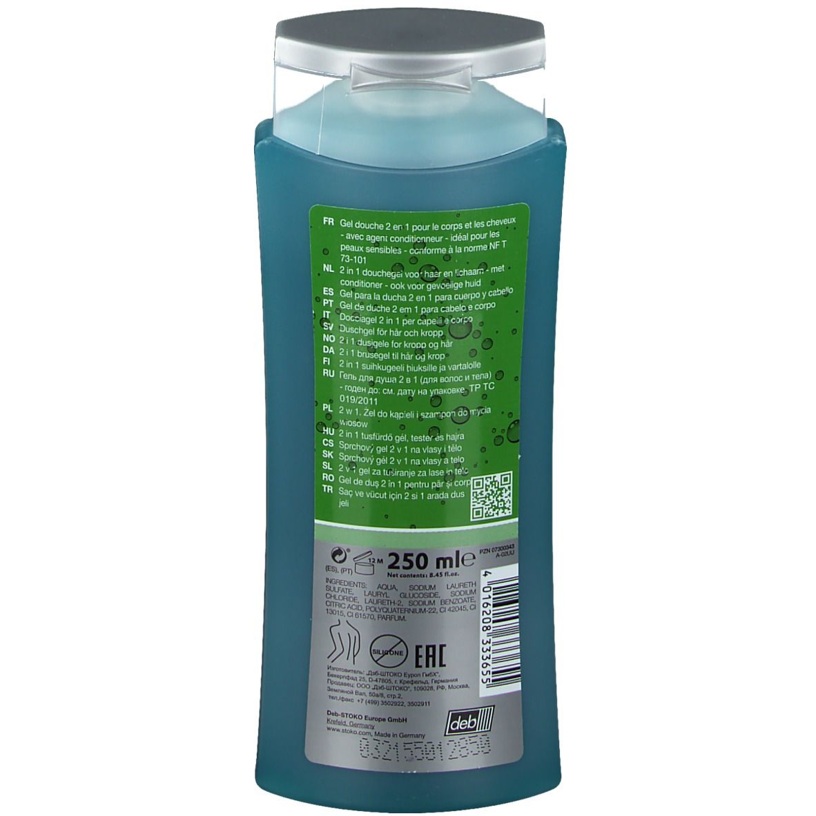 Dos du flacon STOKO Estesol. Texte multilingue. Étiquette verte avec indication 250 ml.