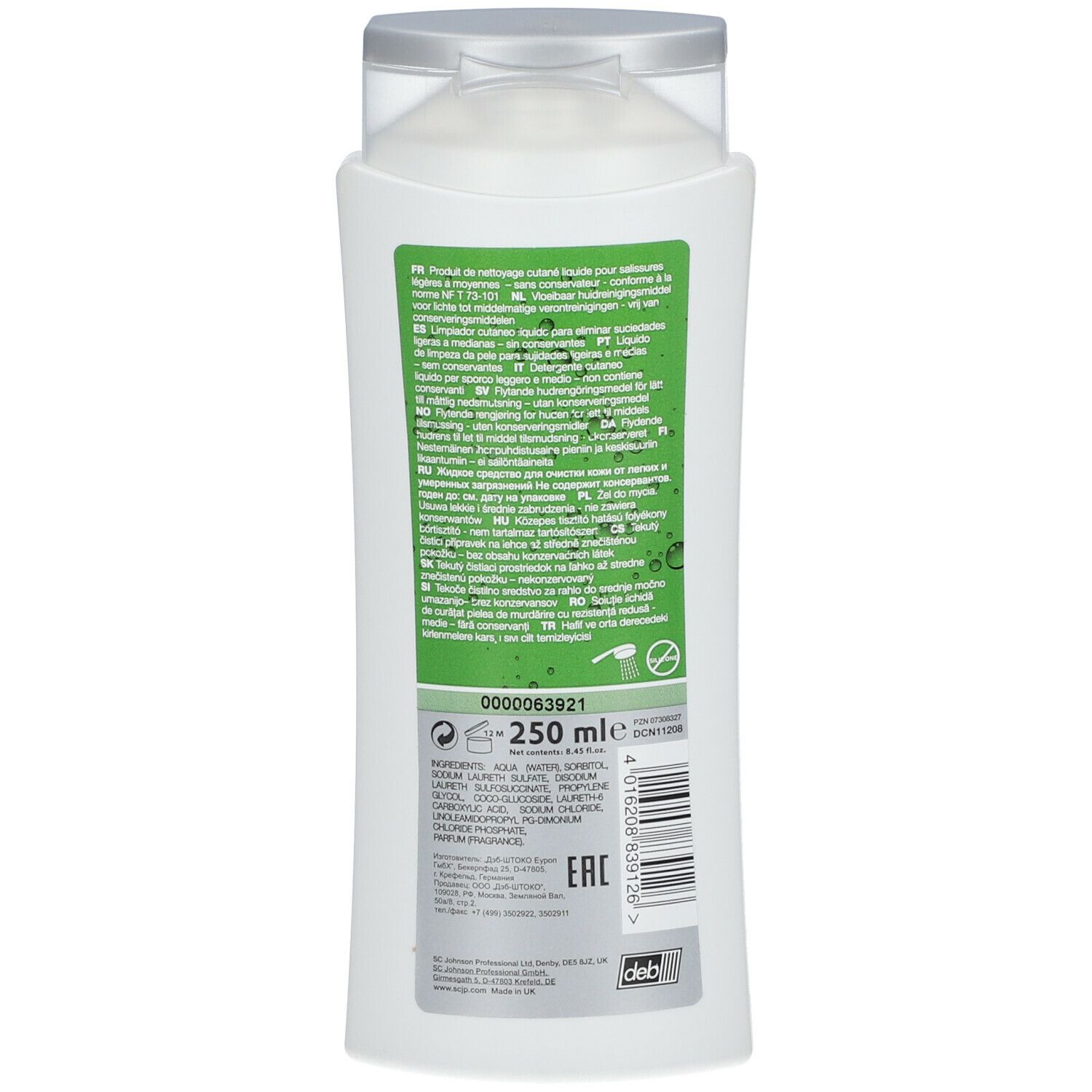 Dos du produit blanc STOKO. Étiquette verte avec texte et symboles. Indication de 250 ml.