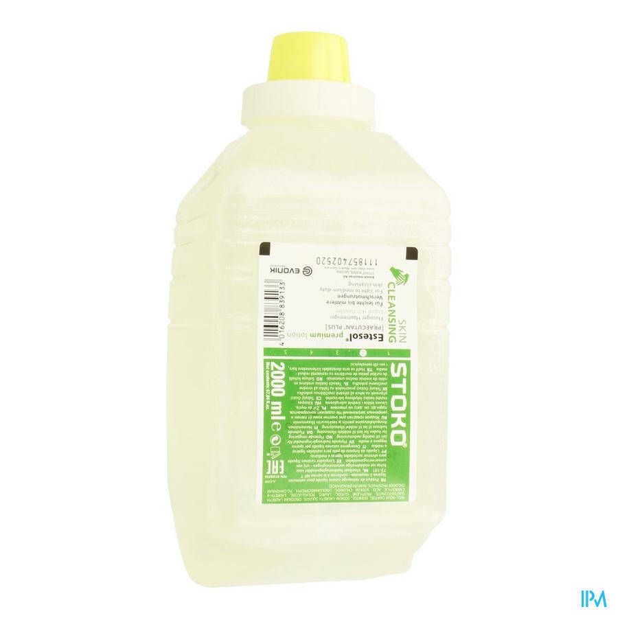 Fles met geelachtige vloeistof. Opschrift: Estesol Premium Skin Cleansing, STOKO, 2000 ml. Gele dop.