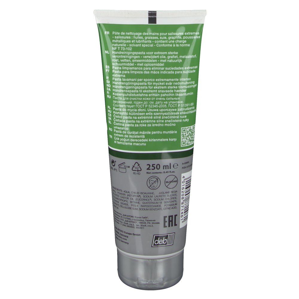Rückseite der Kresto Classic Hautreinigung Tube. Enthält Informationen zu Inhaltsstoffen, Menge (250 ml) und Hersteller.