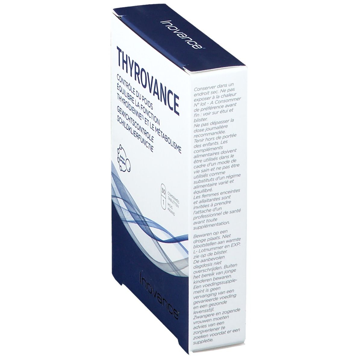 Boîte "Thyrovance" en biais. Texte et motifs vagues bleus. Logo "Inovance". Contient des informations.