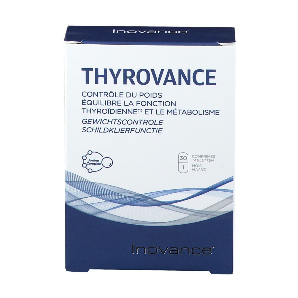 Boîte blanche "Thyrovance". Contient 30 comprimés. Motifs vagues bleus et logo "Inovance".