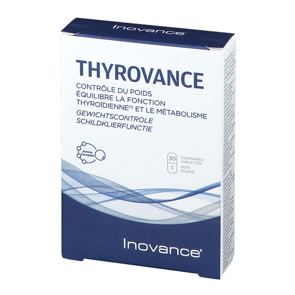 Boîte blanche "Thyrovance". Contient 30 comprimés. Motifs vagues bleus et logo "Inovance".
