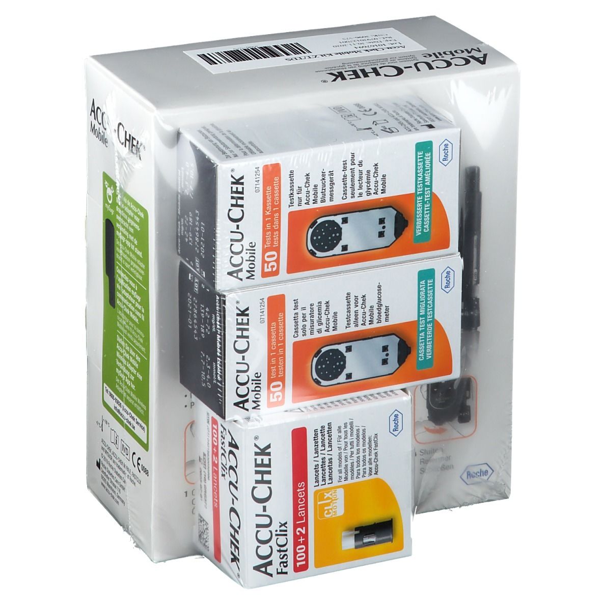 Boîte Accu-Chek Mobile avec trois paquets de bandelettes et lancettes. L'appareil est visible.