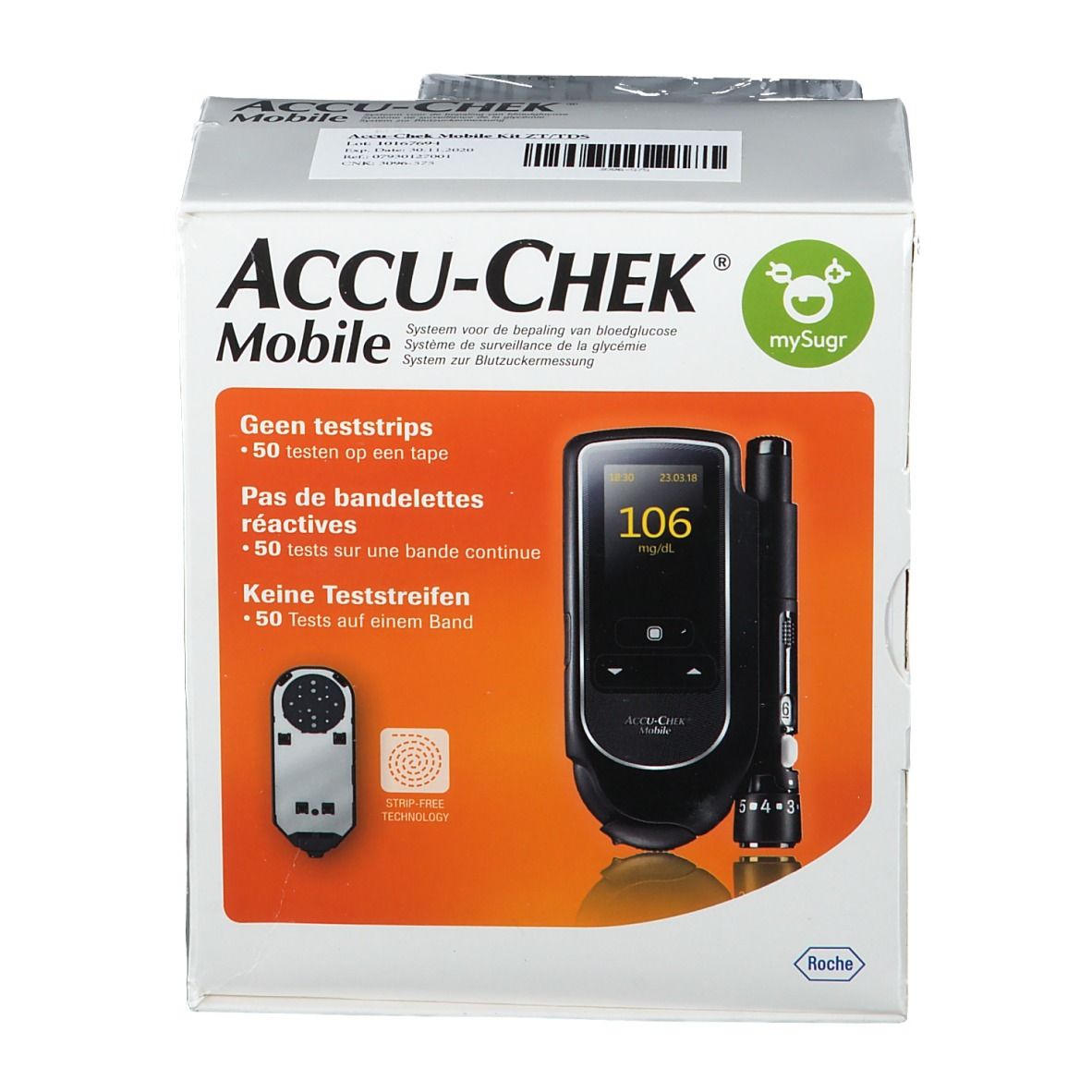 Boîte Accu-Chek Mobile. Contient un lecteur, des bandelettes et accessoires. L'écran affiche 106 mg/dl.