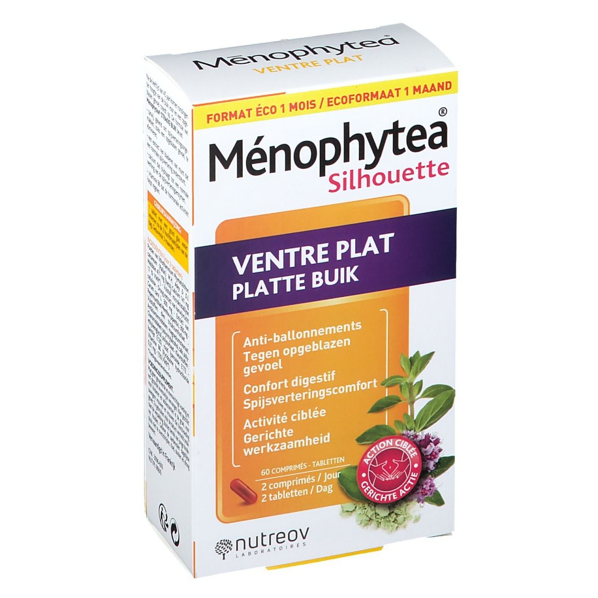 Verpakking Menophytea Silhouette. Opschrift Ventre Plat, 60 tabletten. Oranje en paarse elementen.