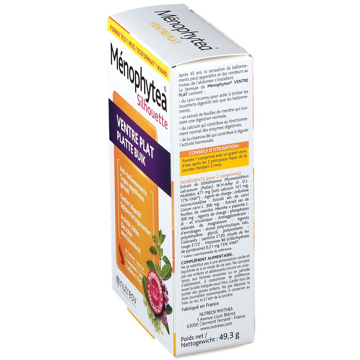Achterkant van de verpakking Menophytea Silhouette. Tekstinformatie, ingrediënten en gebruiksaanwijzing.