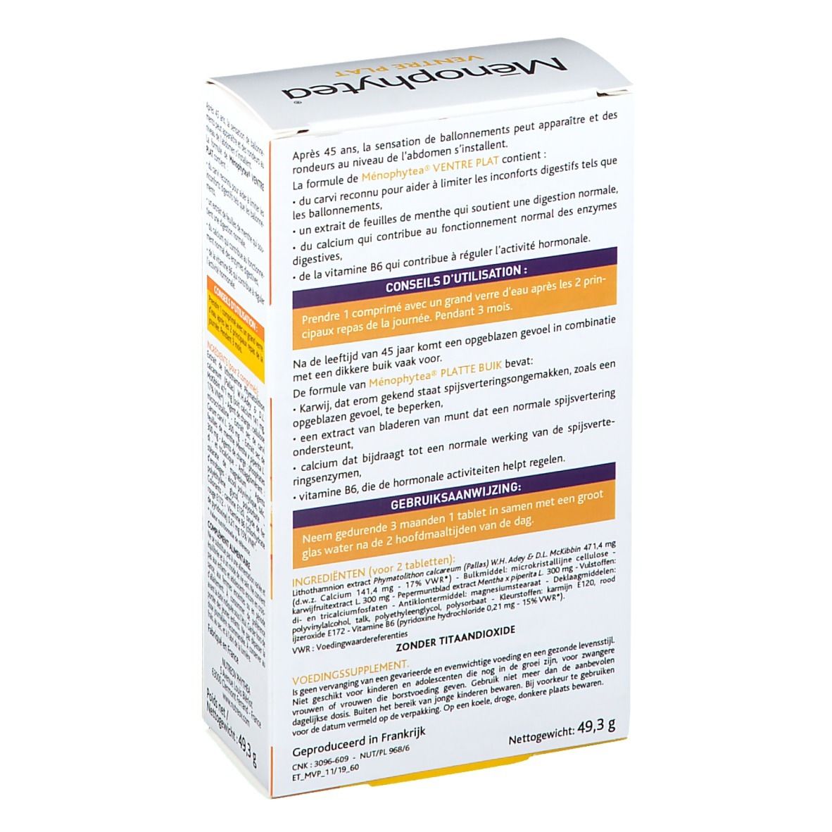 Zijaanzicht van de verpakking Menophytea Silhouette. Tekstinformatie, ingrediënten en gebruiksaanwijzing.