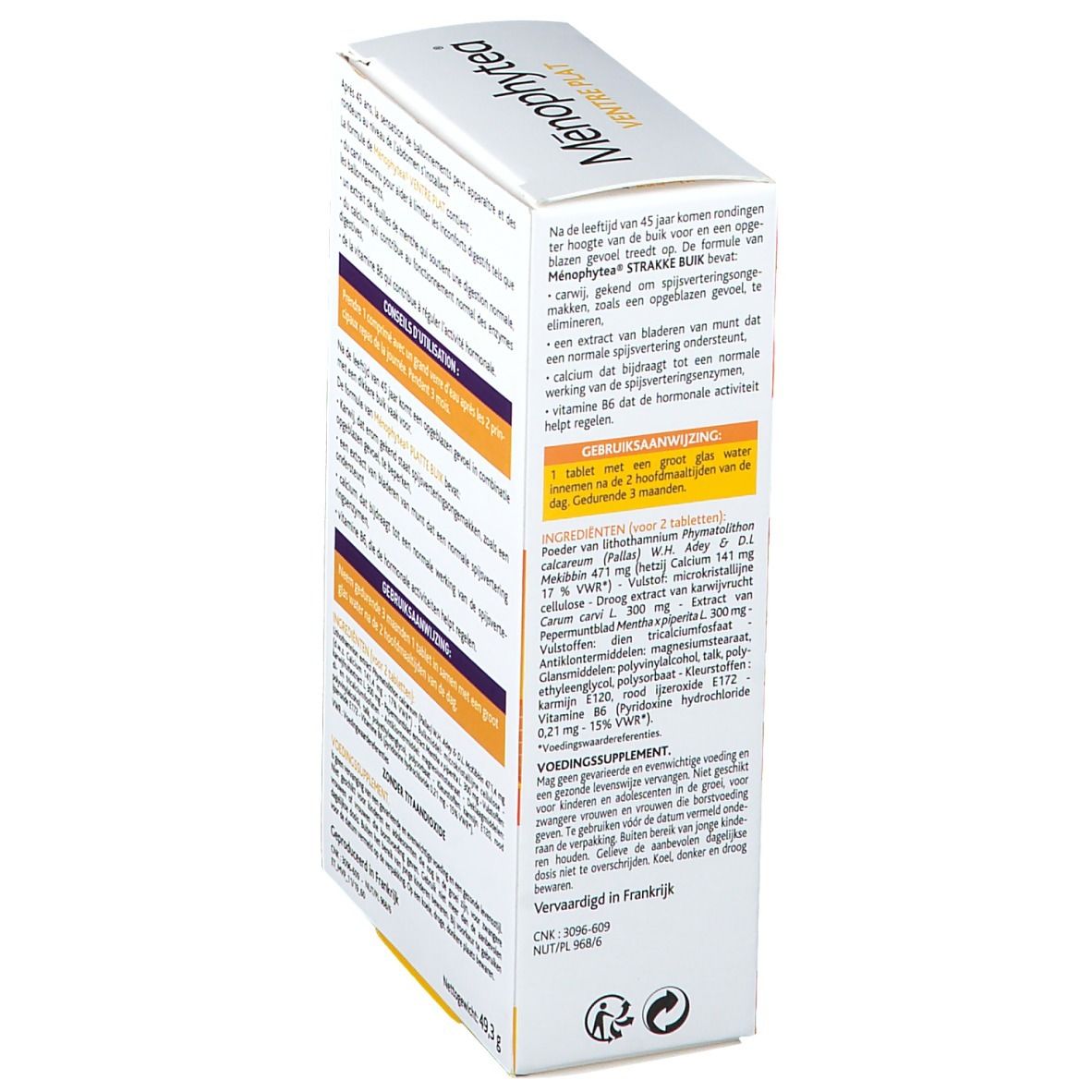 Zijaanzicht van de verpakking Menophytea Silhouette. Tekstinformatie, ingrediënten en gebruiksaanwijzing.