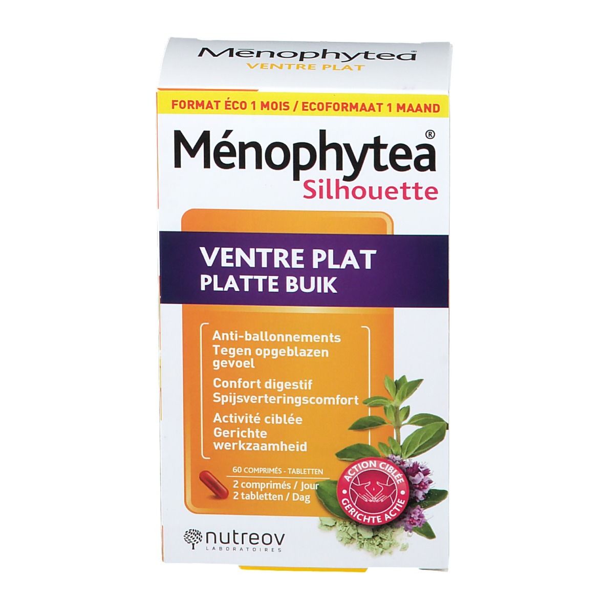 Verpakking Menophytea Silhouette. Opschrift Ventre Plat, 60 tabletten. Oranje en paarse elementen.