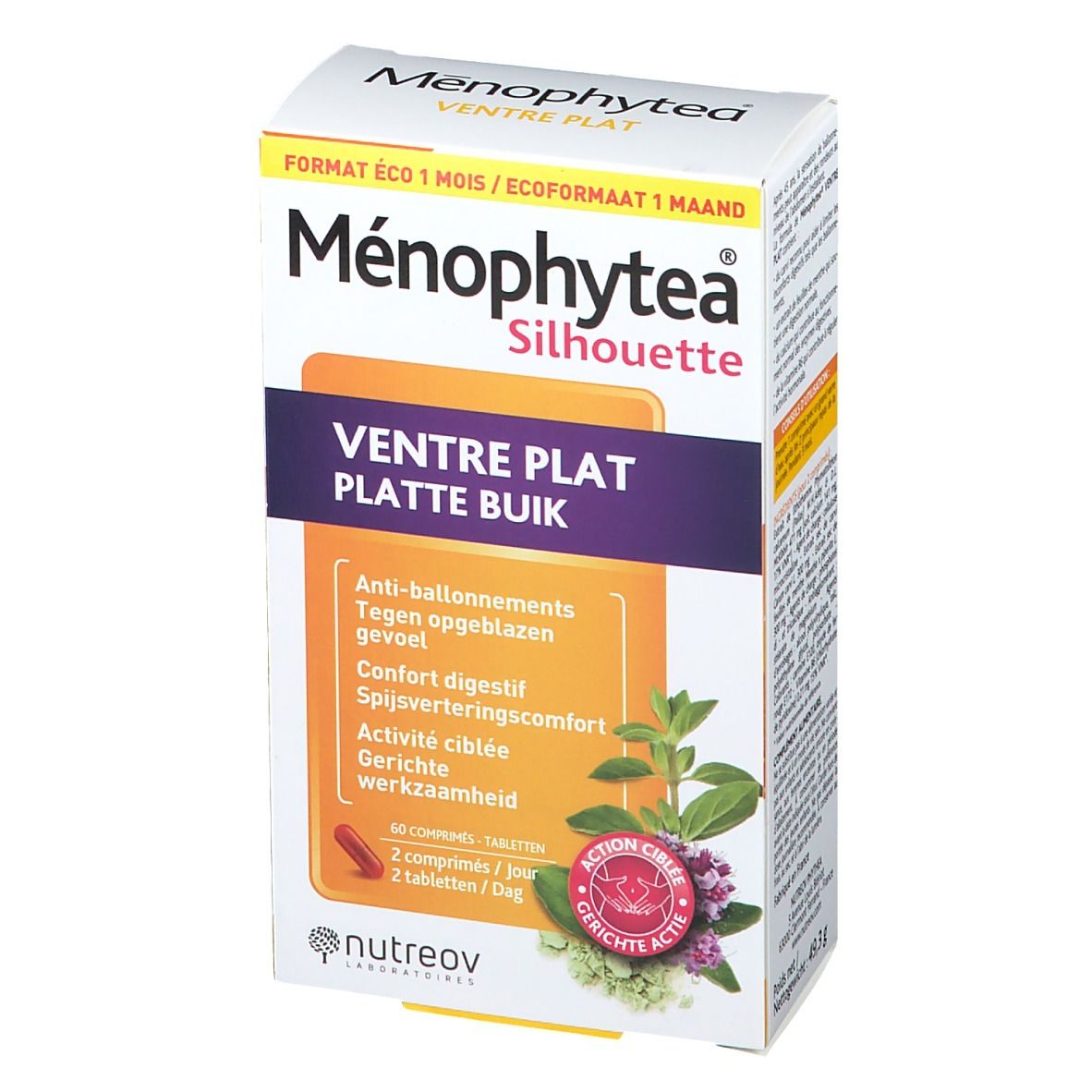 Verpakking Menophytea Silhouette. Opschrift Ventre Plat, 60 tabletten. Oranje en paarse elementen.