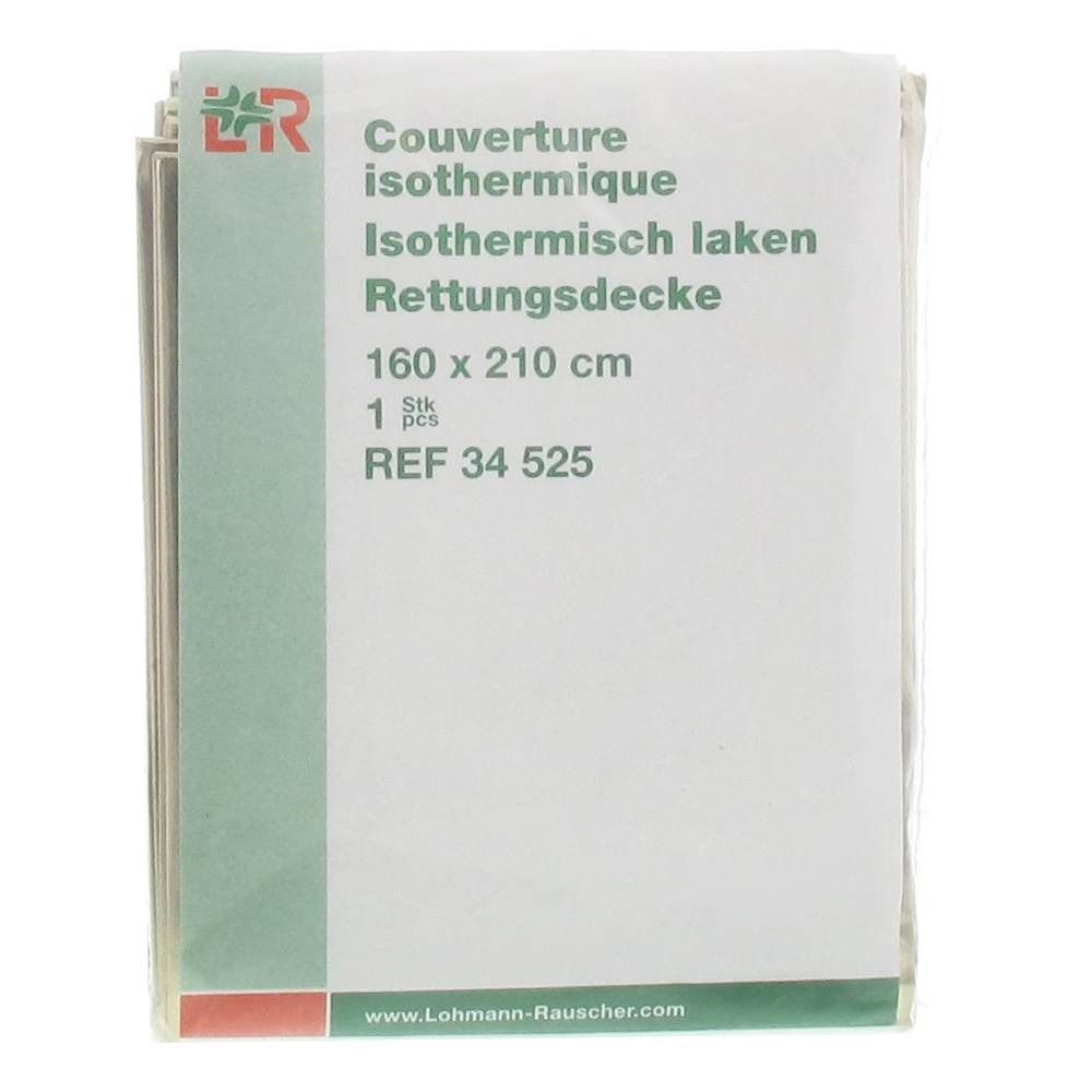 Couverture isothermique emballée. Dimensions : 160 x 210 cm. Texte : Couverture isothermique, Isothermisch laken, Rettungsdecke.