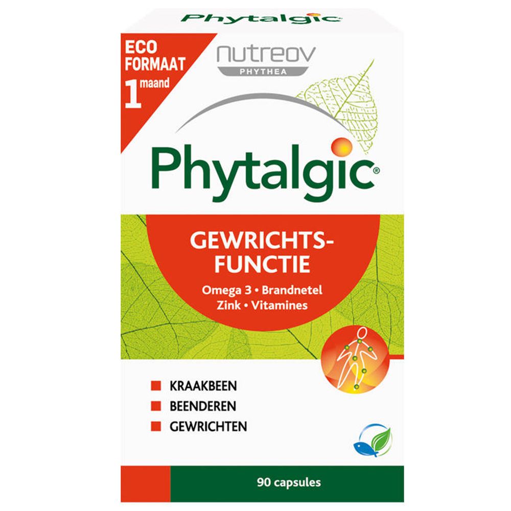 Verpakking van Phytalgic. Opschrift: 'Gewrichts-Functie'. Bevat 90 capsules. Merk: Nutreov.