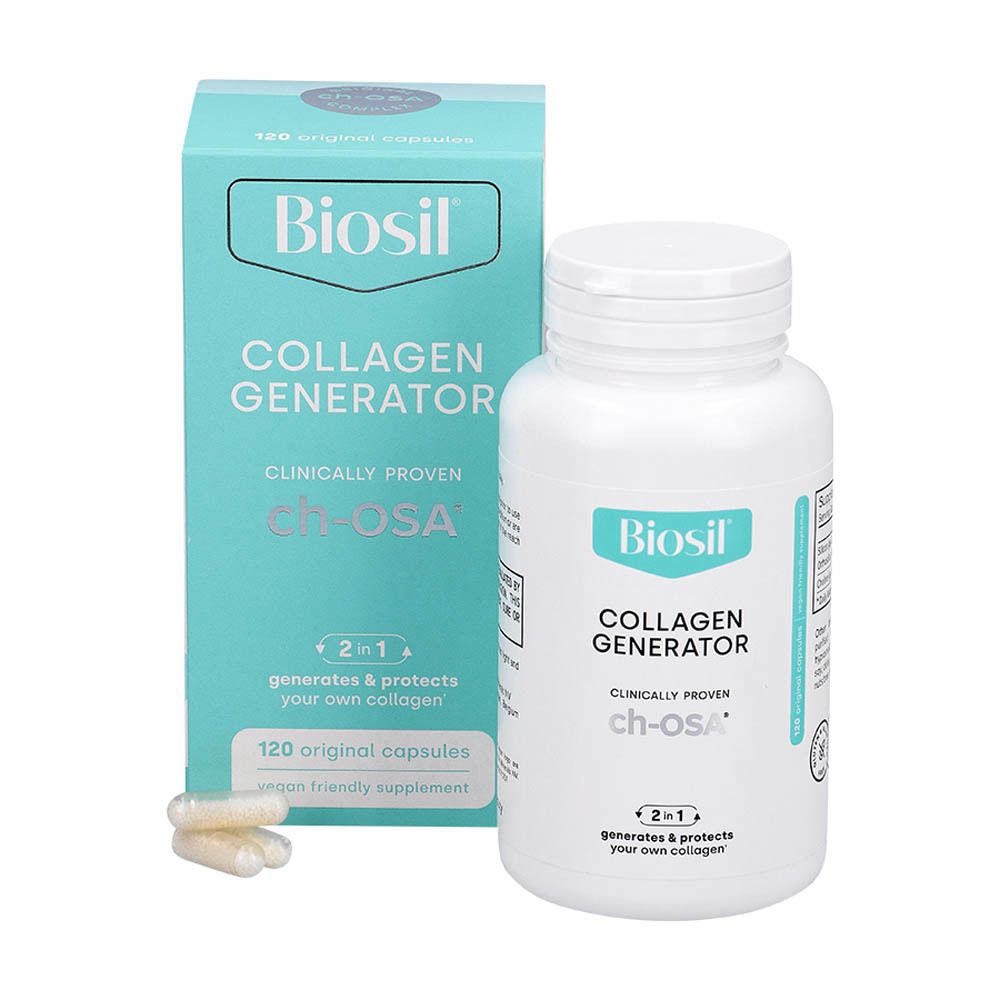 Boîte et flacon BioSil. Inscription: Collagen Generator. 120 gélules. Logo ch-OSA.