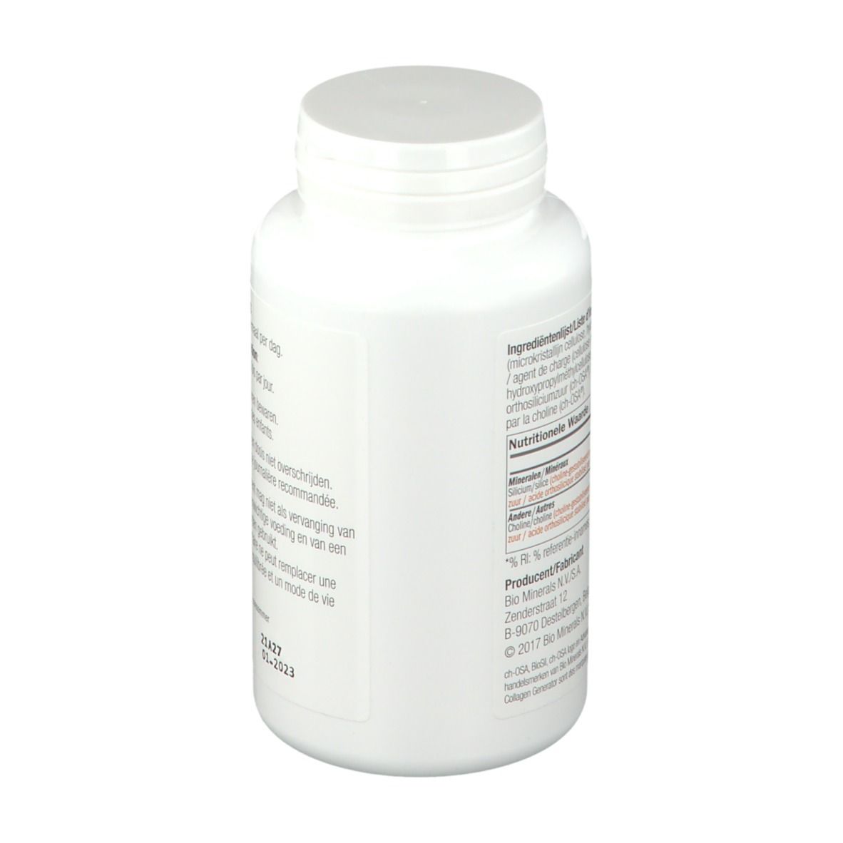 Achterkant witte BioSil fles. Ingrediëntenlijst en voedingswaarde. 120 capsules.