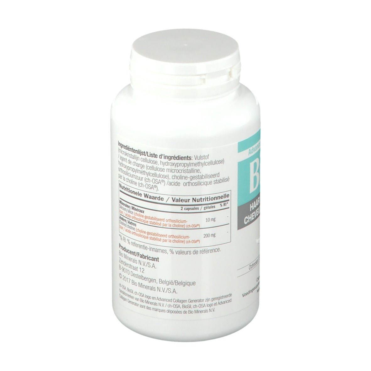Achterkant witte BioSil fles. Ingrediëntenlijst en voedingswaarde. 120 capsules.