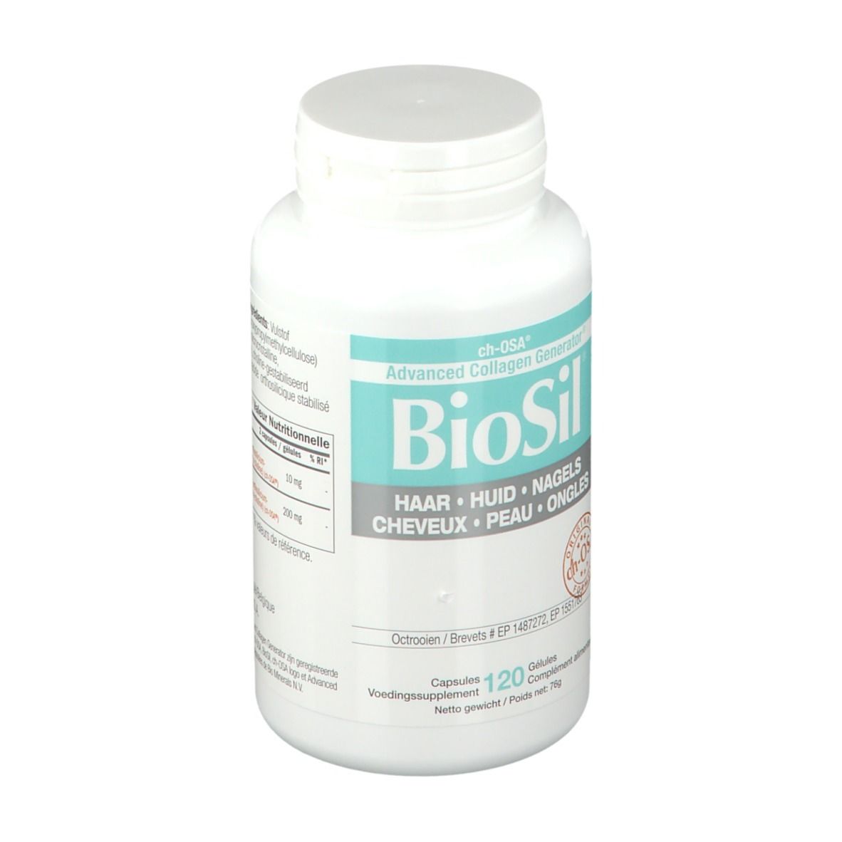 Witte fles BioSil capsules. Opschrift: Haar, huid, nagels. 120 capsules. ch-OSA logo.