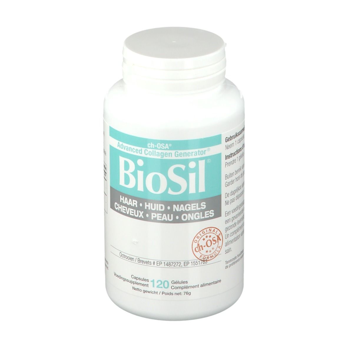 Witte fles BioSil capsules. Opschrift: Haar, huid, nagels. 120 capsules. ch-OSA logo.