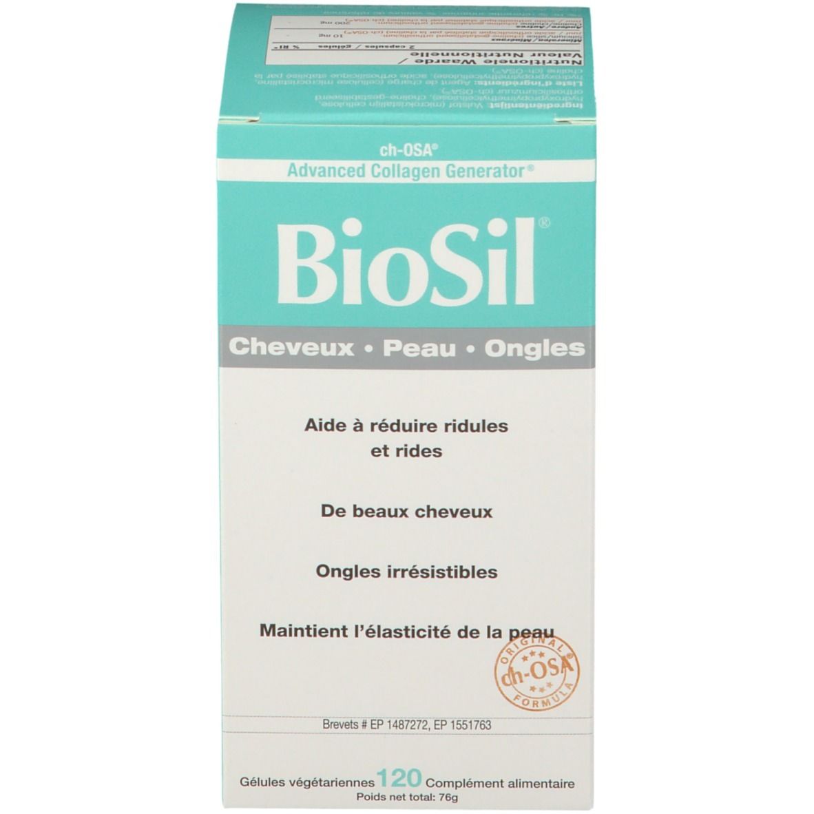 BioSil verpakking. Opschrift: Haar, huid, nagels. 120 capsules. ch-OSA logo.