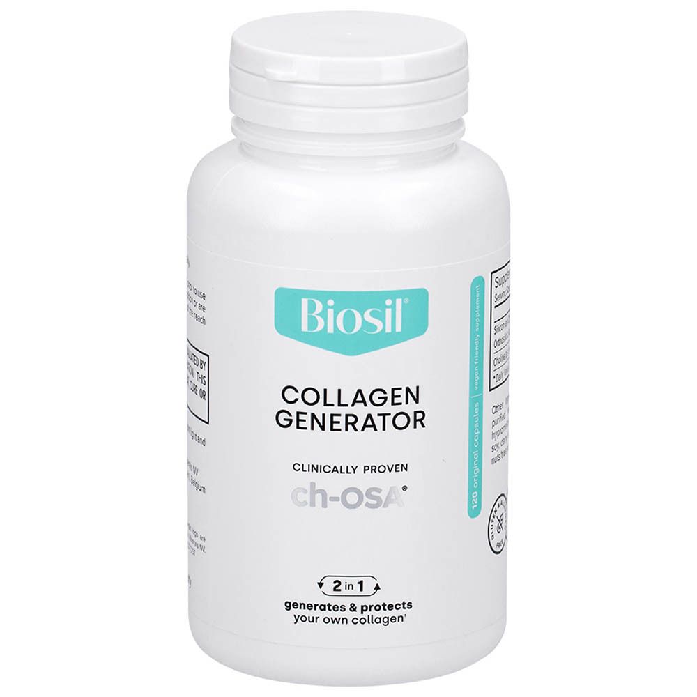 Witte fles BioSil. Opschrift: Collagen Generator. 120 capsules. ch-OSA logo.