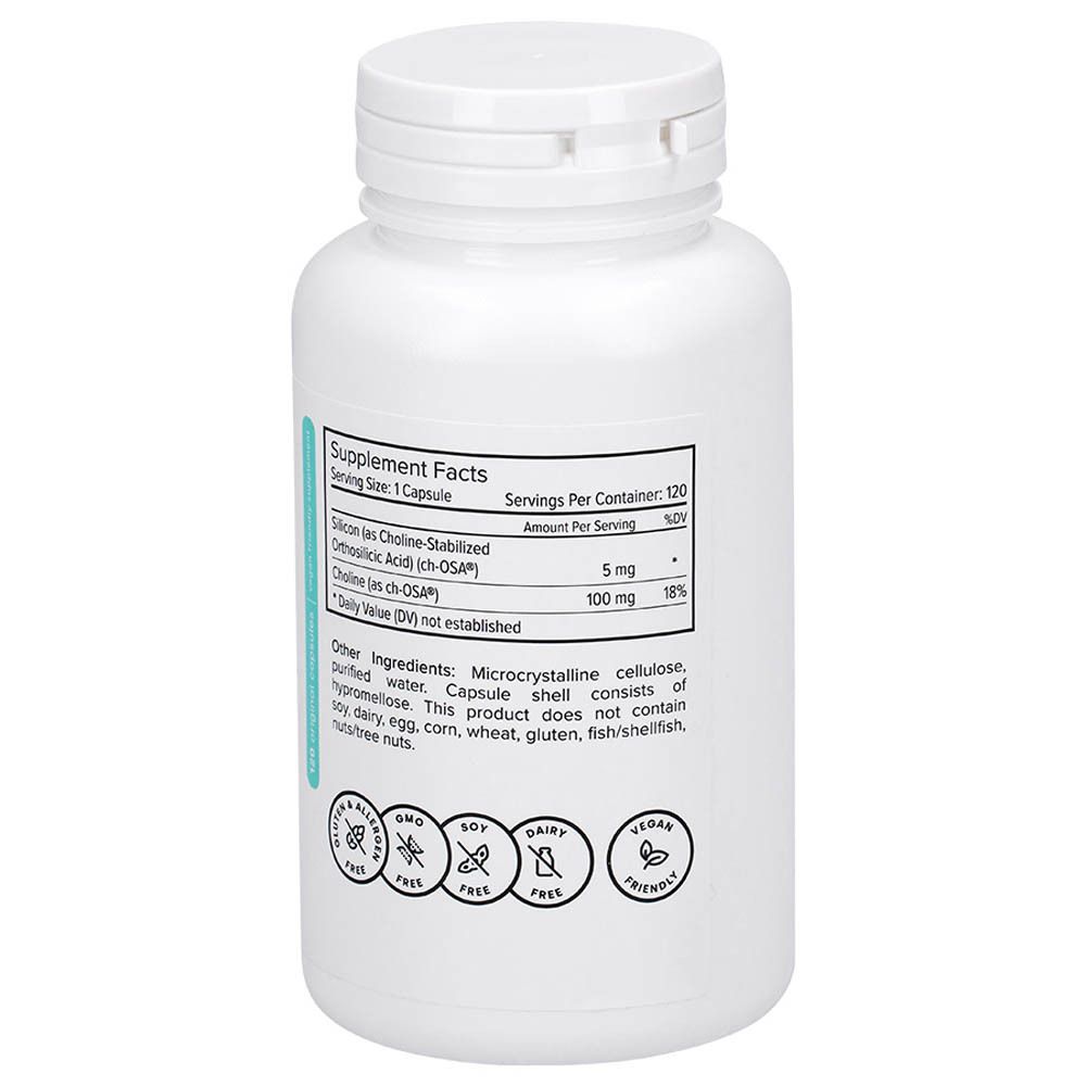 Achterkant witte BioSil fles. Voedingswaarde en ingrediënten. 120 capsules.