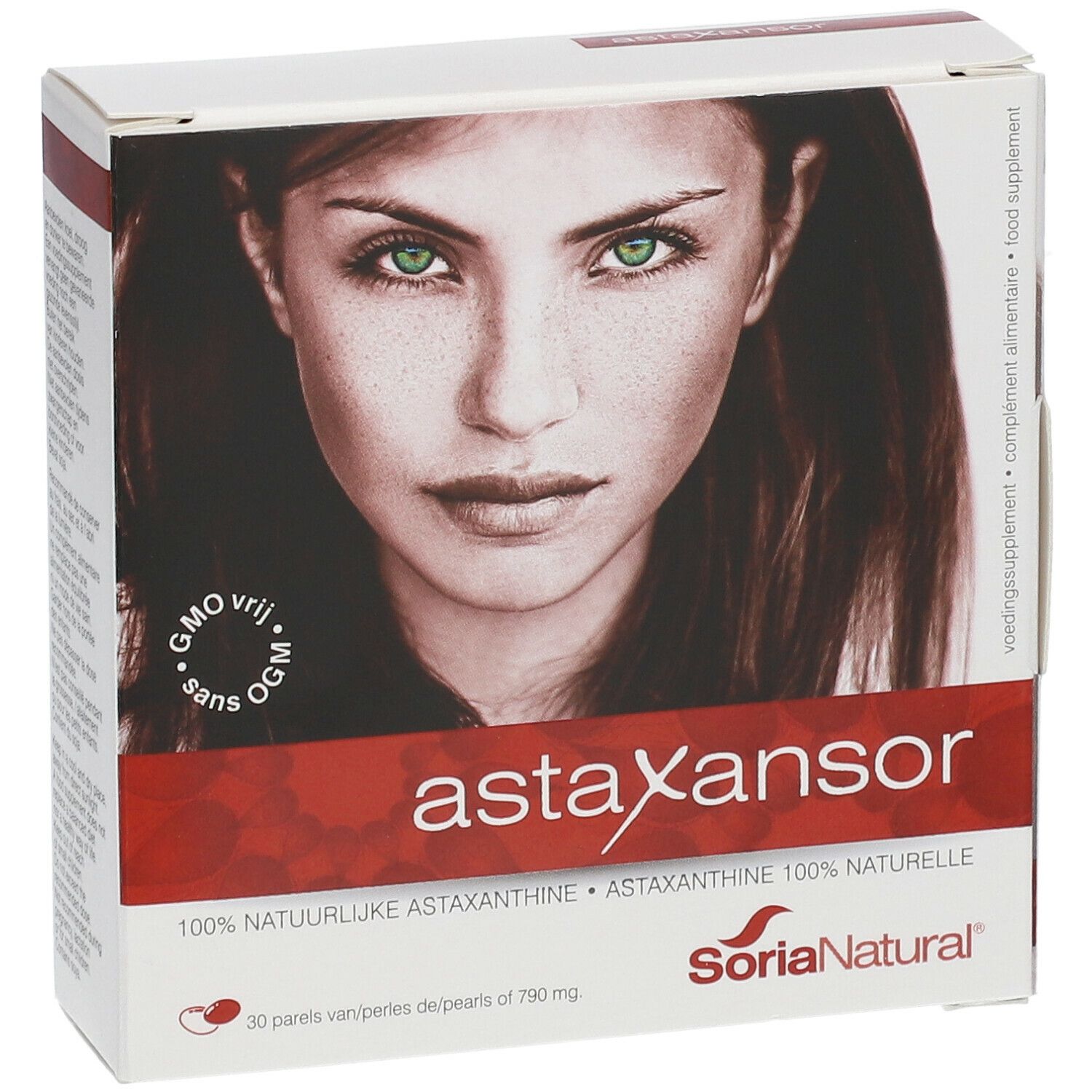 Boîte 'astaxansor' avec portrait de femme. Contient 30 perles. Marque: Soria Natural. Inscription 'GMO vrij'.
