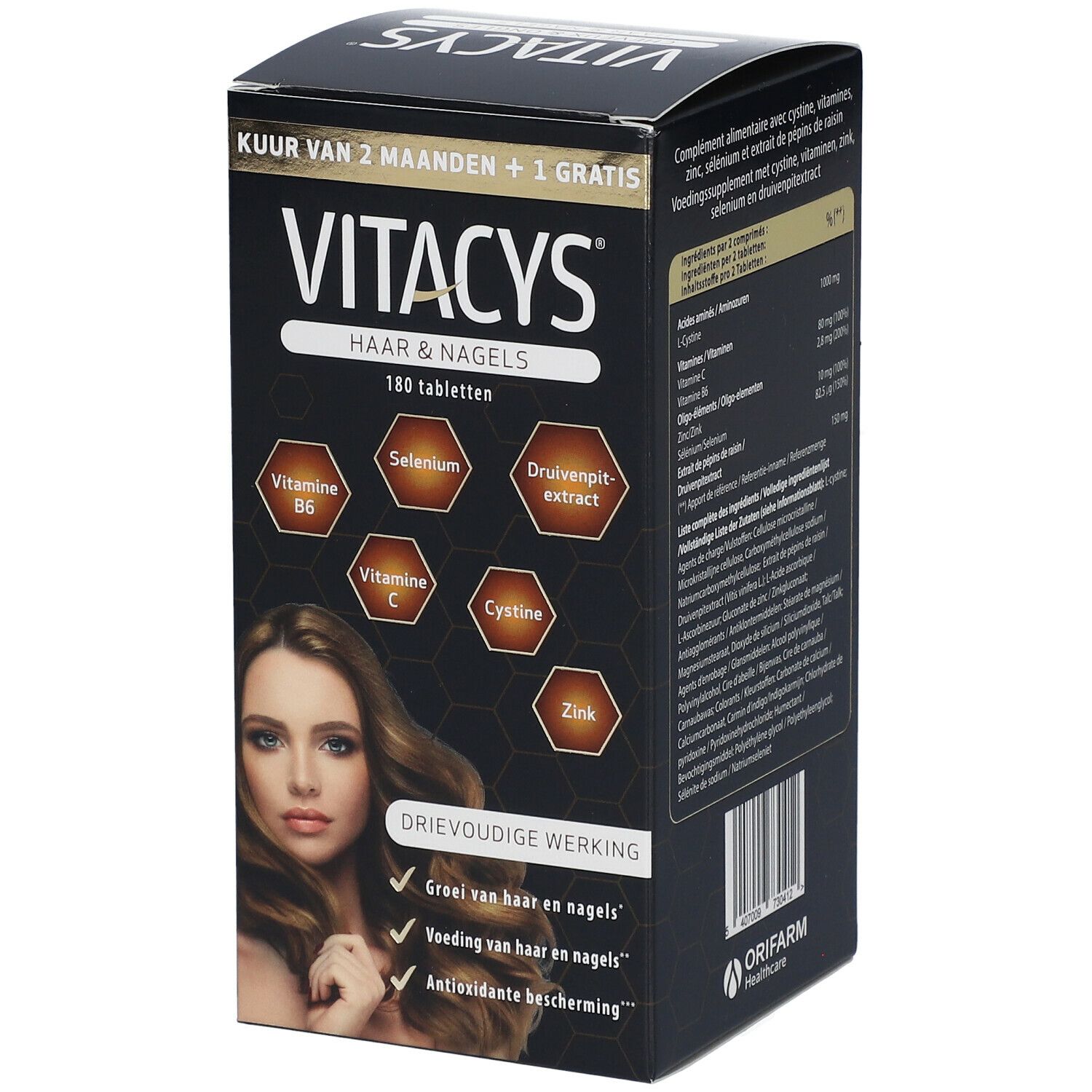 Vitacys Haar & Nagels, 180 comprimés. Inscription: Kuur van 2 maanden + 1 gratis. Femme aux cheveux longs. Triple action.