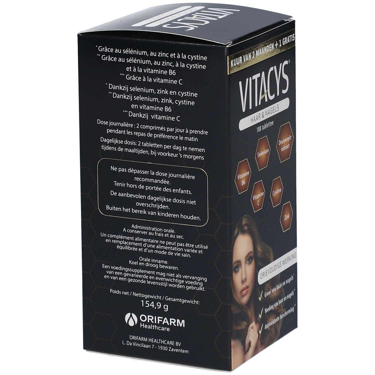 Dos de la boîte Vitacys Haar & Nagels. Recommandations de dosage et avertissements. Marque: Orifarm Healthcare.
