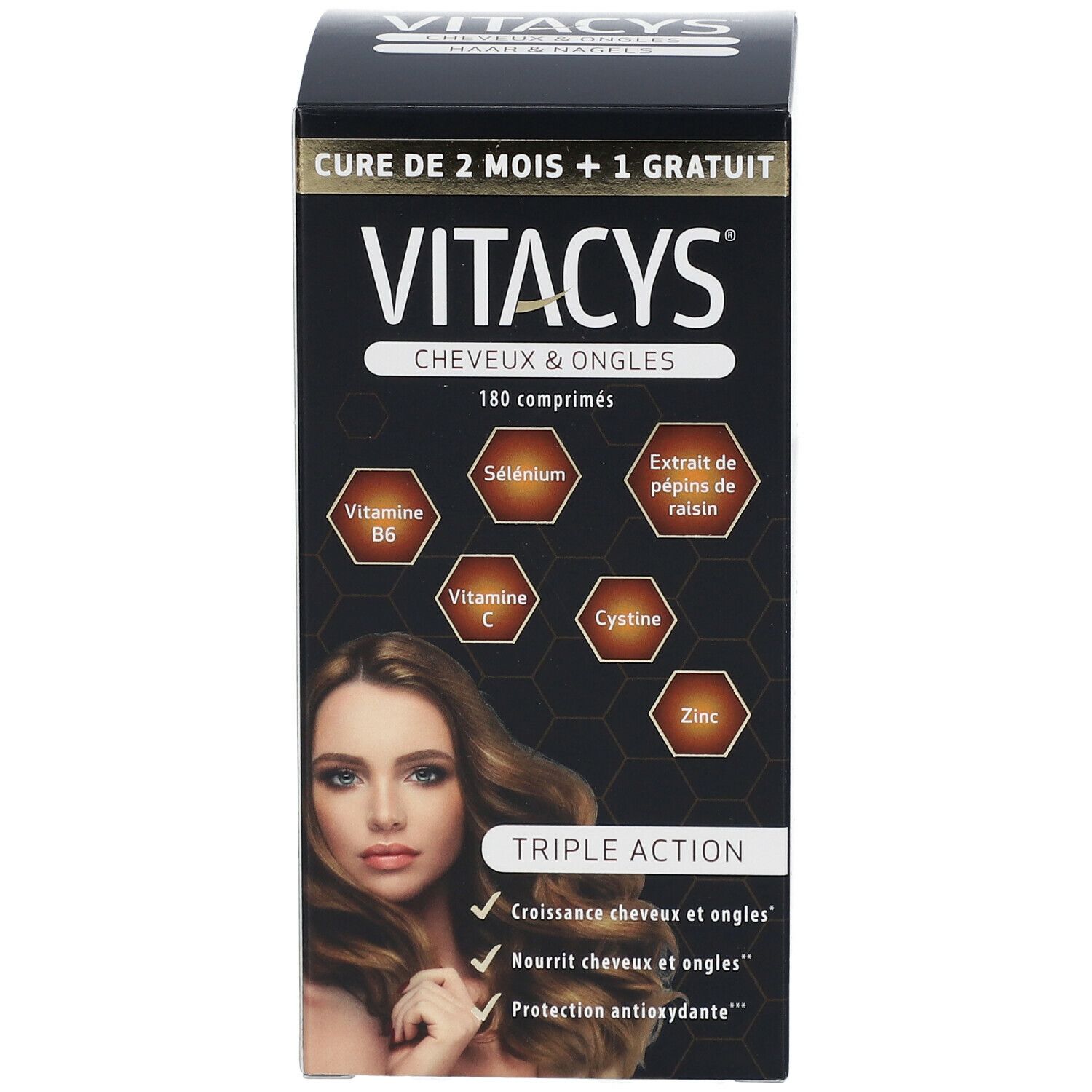 Vitacys Cheveux & Ongles, 180 comprimés. Inscription: Cure de 2 mois + 1 gratuit. Femme aux cheveux longs. Triple action.