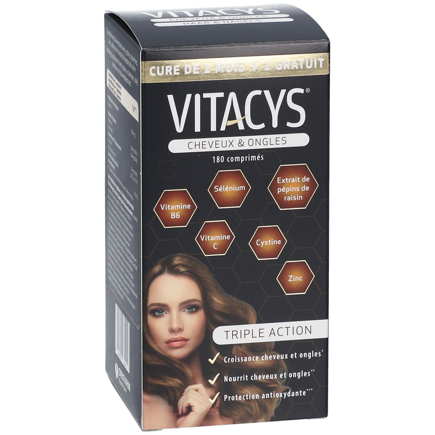 Vitacys Cheveux & Ongles, 180 comprimés. Inscription: Cure de 2 mois + 1 gratuit. Femme aux cheveux longs. Triple action.