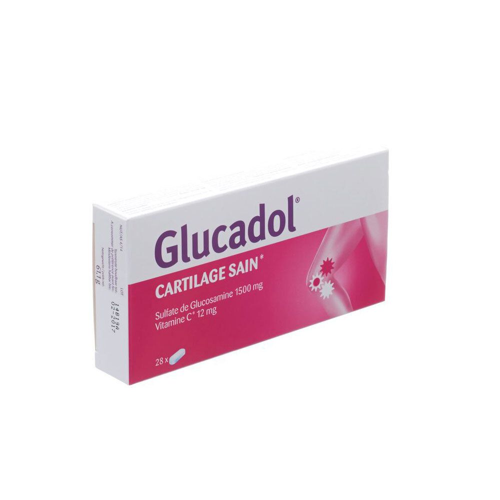 Boîte "Glucadol". Inscription "CARTILAGE SAIN". Contient sulfate de glucosamine 1500 mg et vitamine C 12 mg. 28 comprimés.