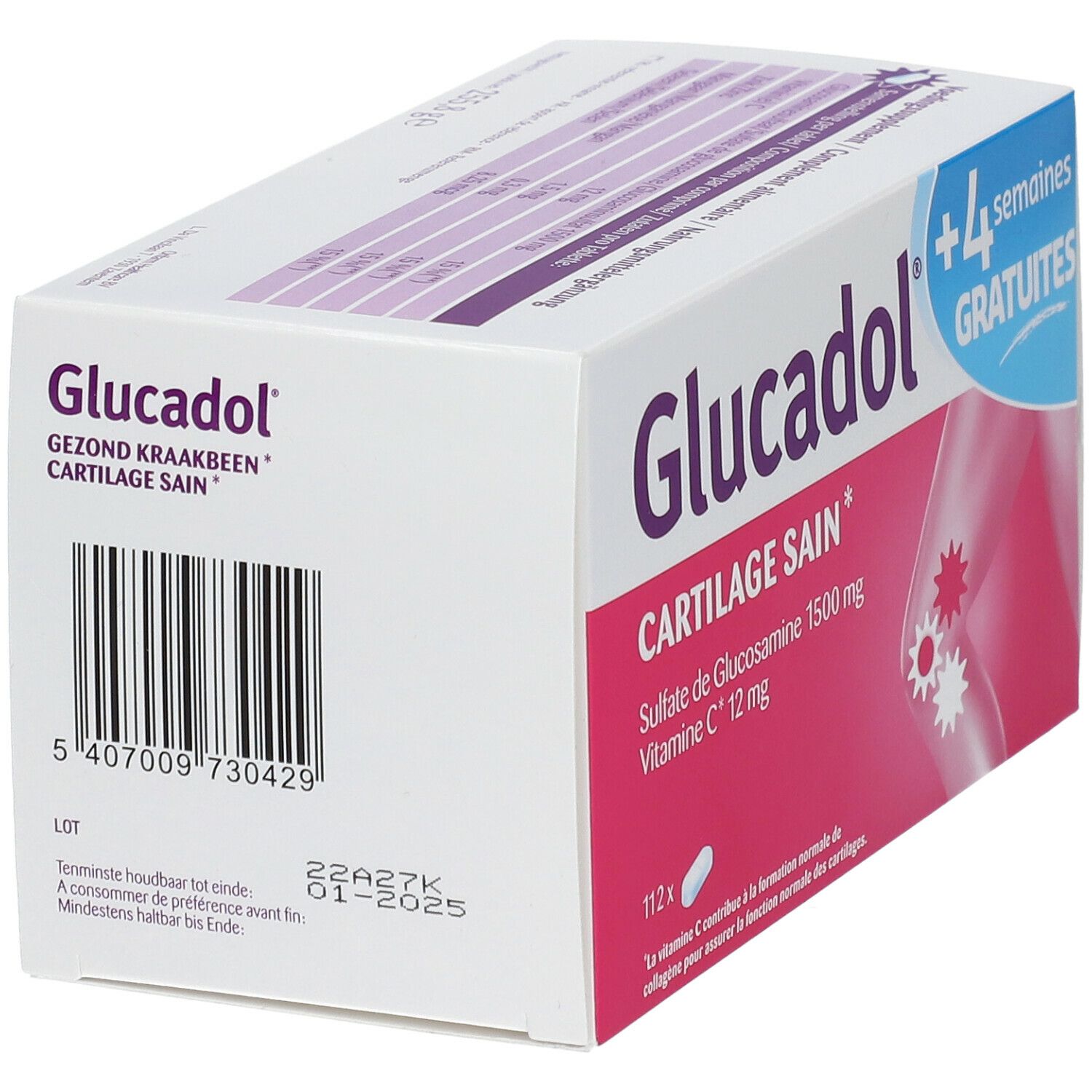 Boîte de Glucadol®. Arrière avec code-barres et texte. Contient 112 comprimés. Date de péremption 01-2025.