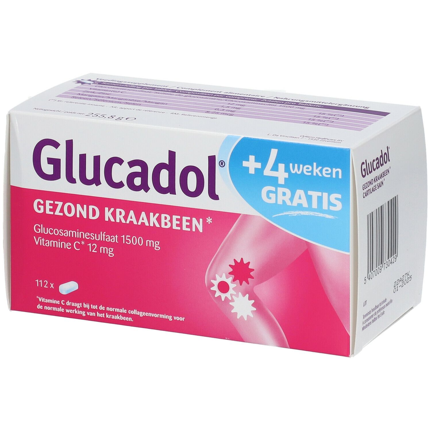 Boîte de Glucadol®. Inscription : Gezond Kraakbeen, Glucosaminesulfat 1500 mg, Vitamine C 12 mg. Contient 112 comprimés.
