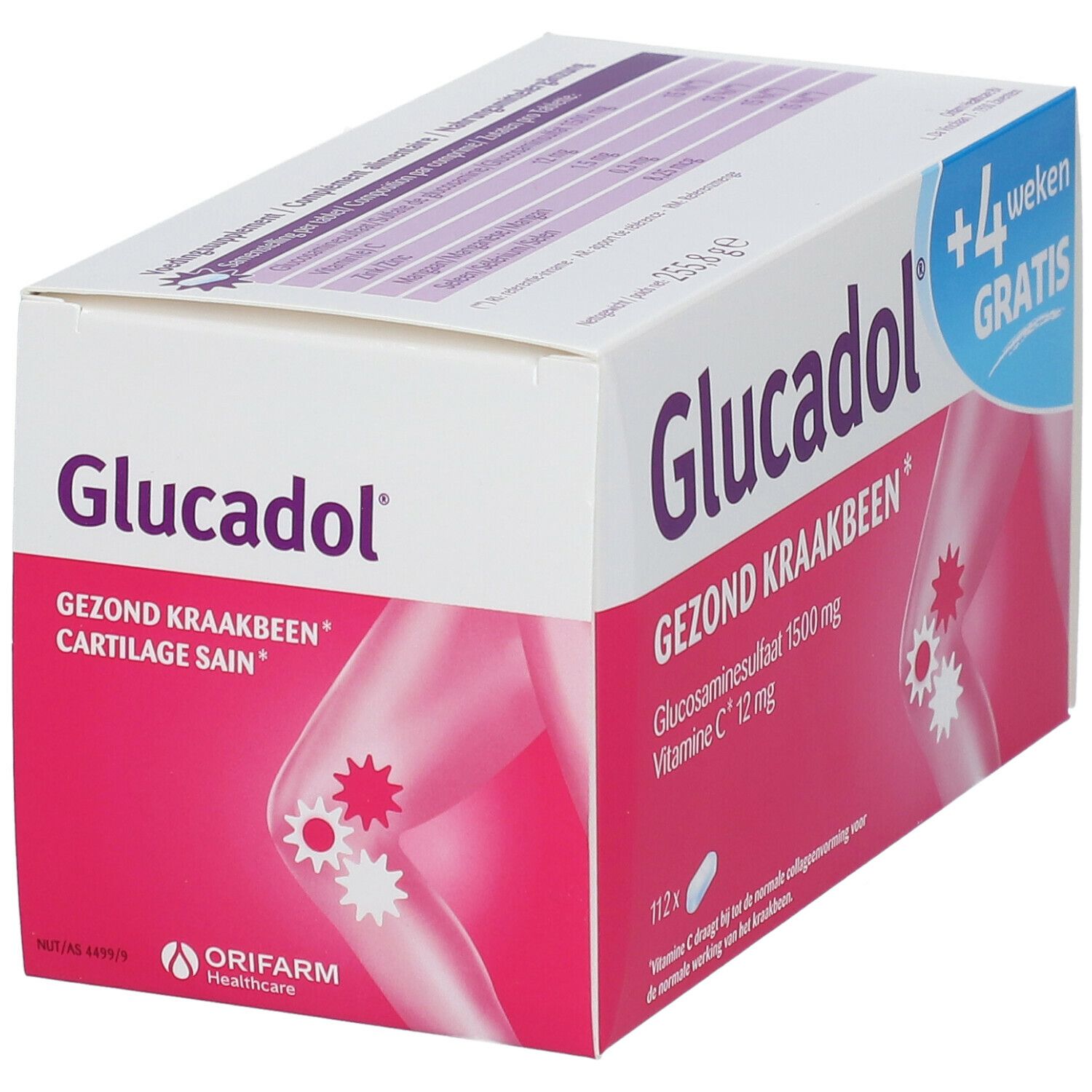 Boîte de Glucadol®. Inscription : Gezond Kraakbeen, Glucosaminesulfat 1500 mg, Vitamine C 12 mg. Avec logo Orifarm Healthcare.