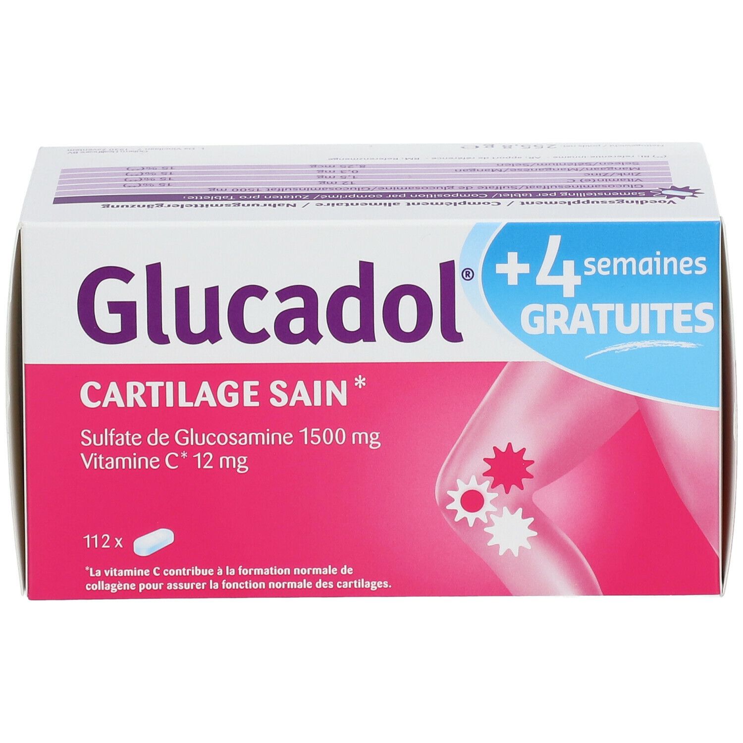 Boîte de Glucadol®. Inscription : Cartilage Sain, Sulfate de Glucosamine 1500 mg, Vitamine C 12 mg. Contient 112 comprimés.