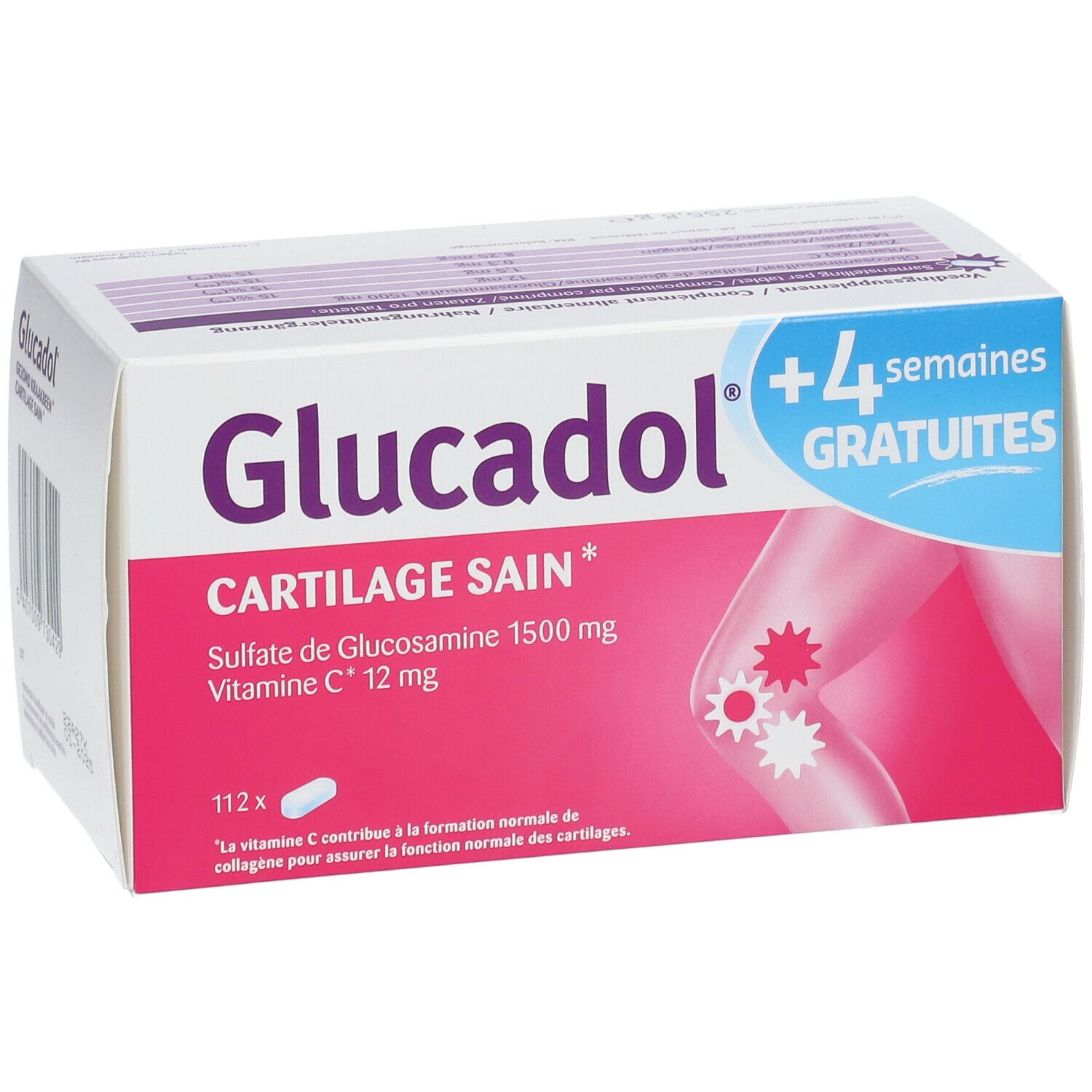 Boîte de Glucadol®. Inscription : Cartilage Sain, Sulfate de Glucosamine 1500 mg, Vitamine C 12 mg. Contient 112 comprimés.